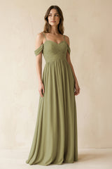 Moss Green A-Line Off-the-Shoulder Pleated Chiffon Bridesmaid Dress | KISSBRIDAL