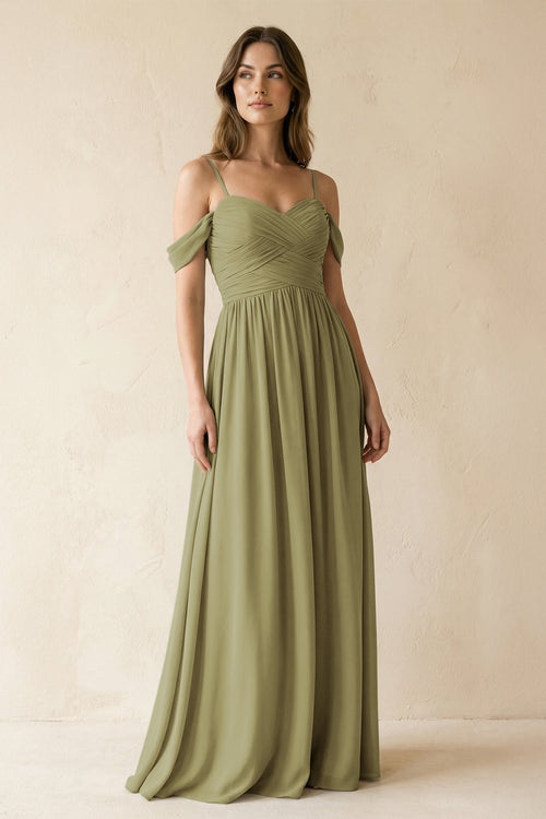 Moss Green A-Line Off-the-Shoulder Pleated Chiffon Bridesmaid Dress | KISSBRIDAL