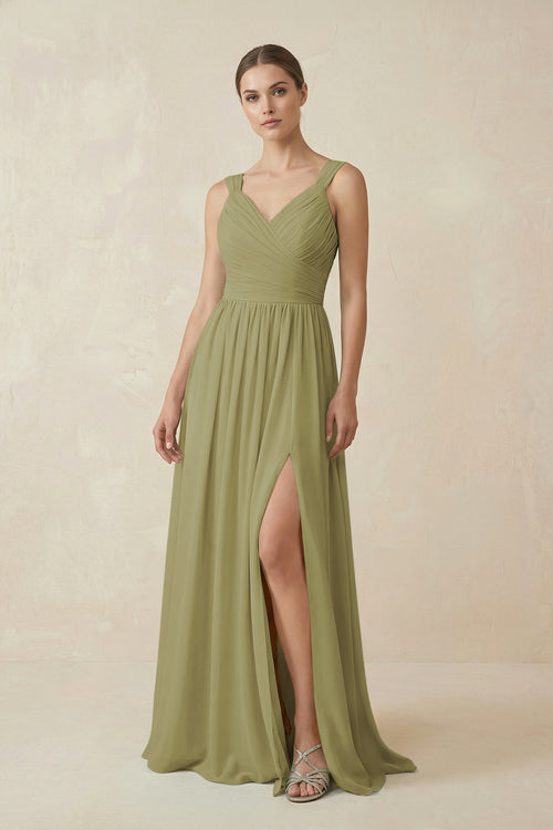 Moss Green A-Line Pleated Chiffon Long Bridesmaid Dress | KISSBRIDAL