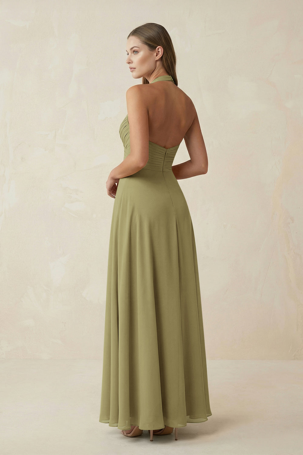 A-Line Pleated Chiffon V-Neck Bridesmaid Dress in Moss Green