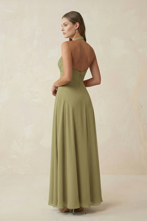 Moss Green A-Line Pleated Chiffon V-Neck Bridesmaid Dress (2) | KISSBRIDAL