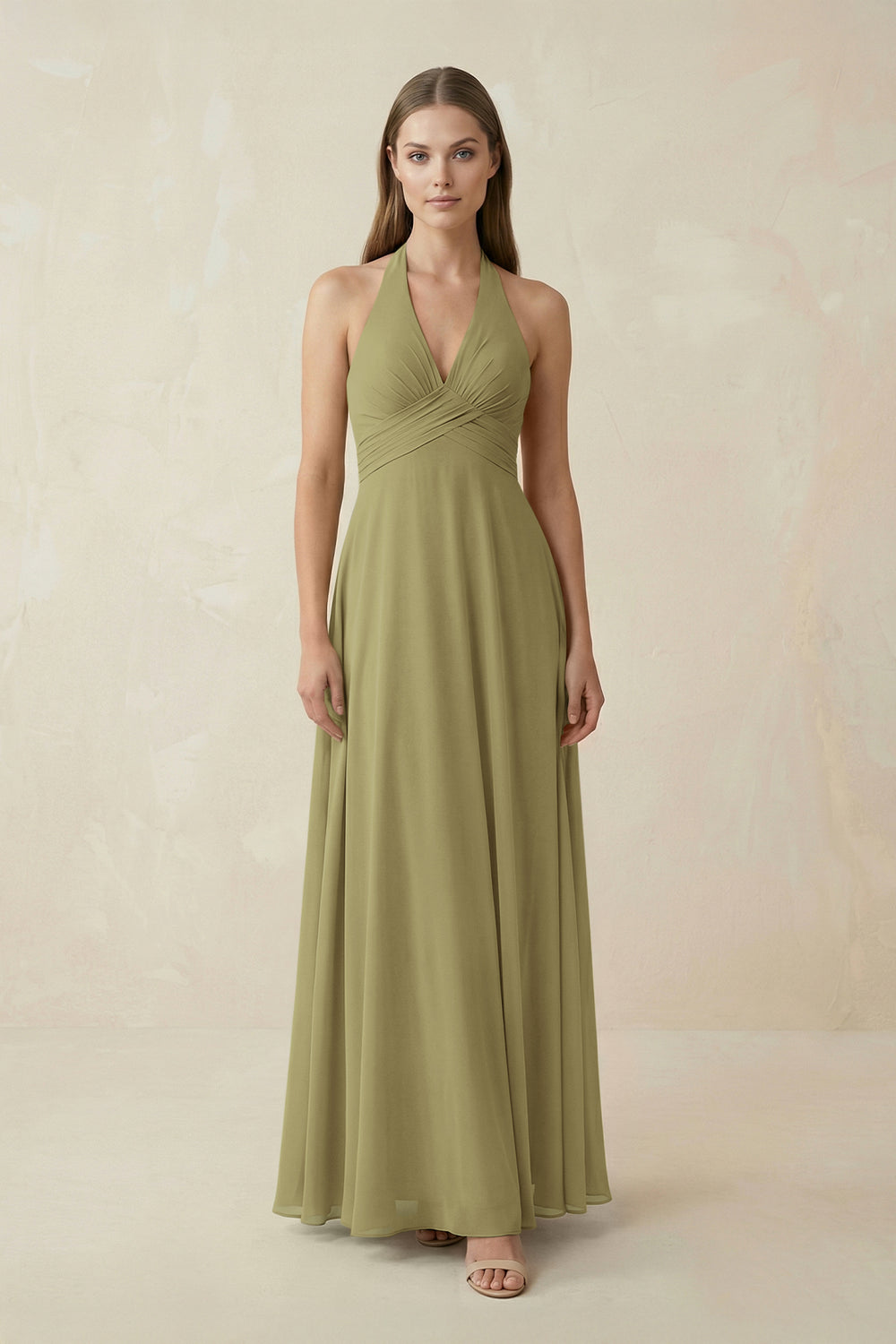 A-Line Pleated Chiffon V-Neck Bridesmaid Dress in Moss Green