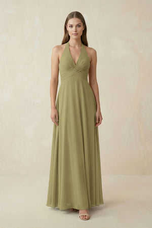 Moss Green A-Line Pleated Chiffon V-Neck Bridesmaid Dress | KISSBRIDAL