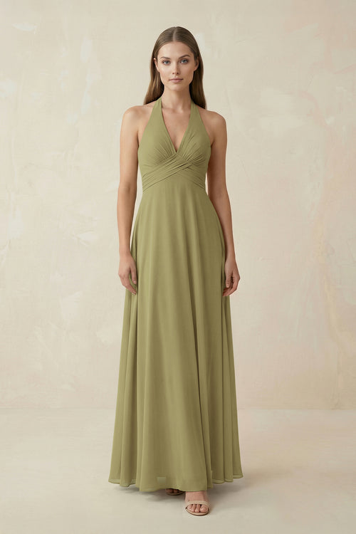 Moss Green A-Line Pleated Chiffon V-Neck Bridesmaid Dress | KISSBRIDAL