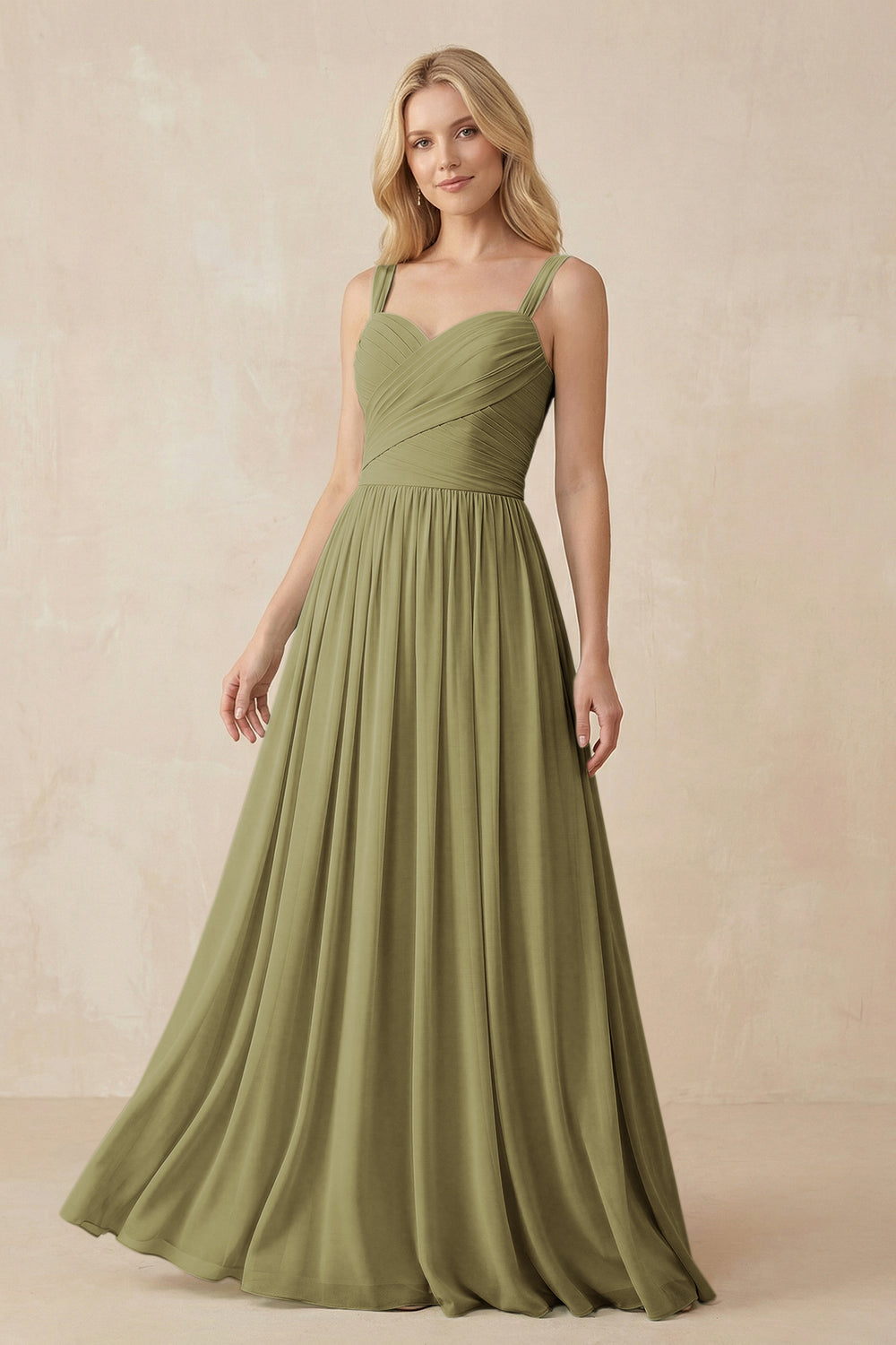 A-Line Pleated Long Chiffon Bridesmaid Dress in Moss Green