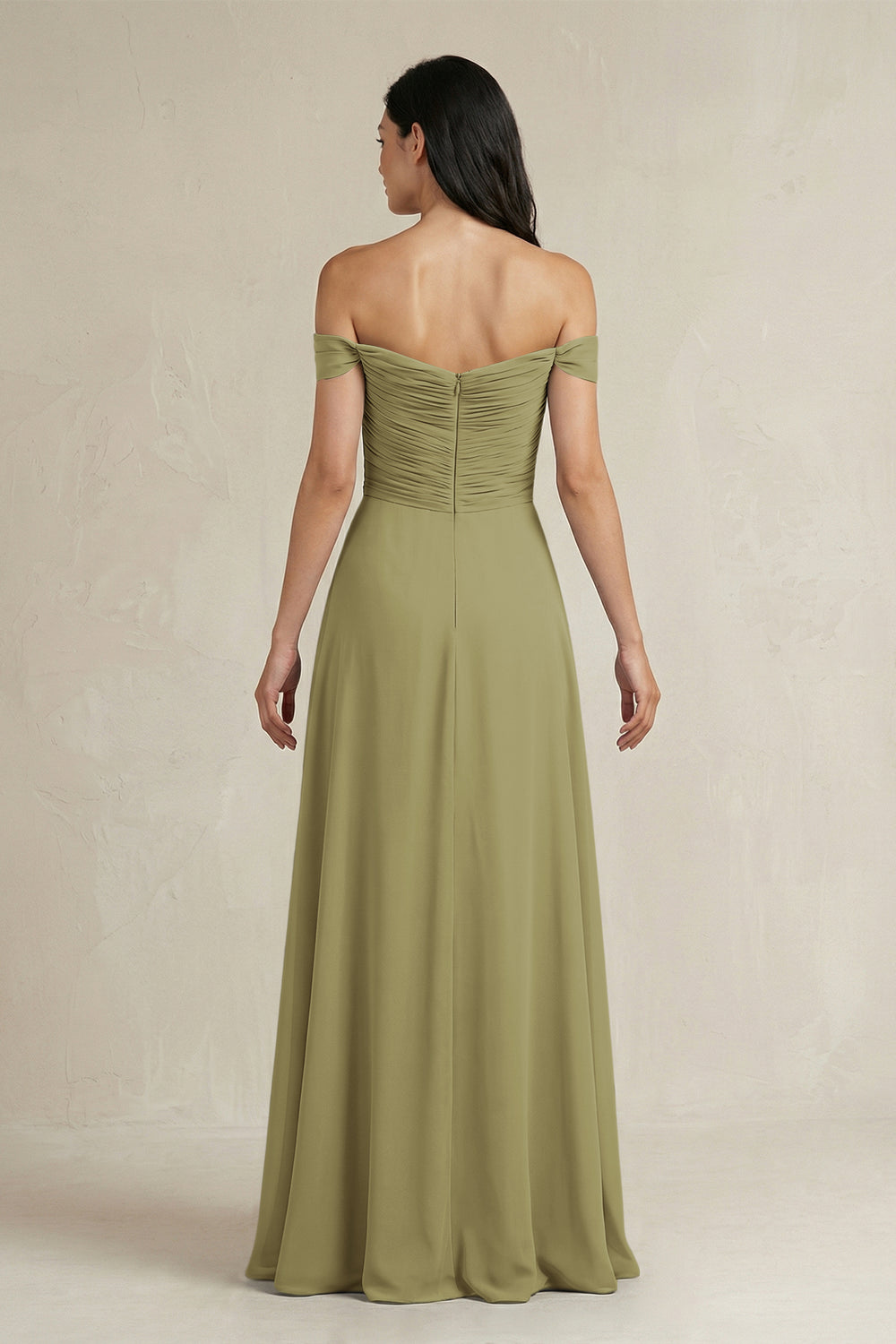 A-Line Pleated Off-the-Shoulder Chiffon Bridesmaid Dress in Moss Green