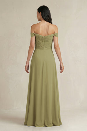 Moss Green A-Line Pleated Off-the-Shoulder Chiffon Bridesmaid Dress (2) | KISSBRIDAL