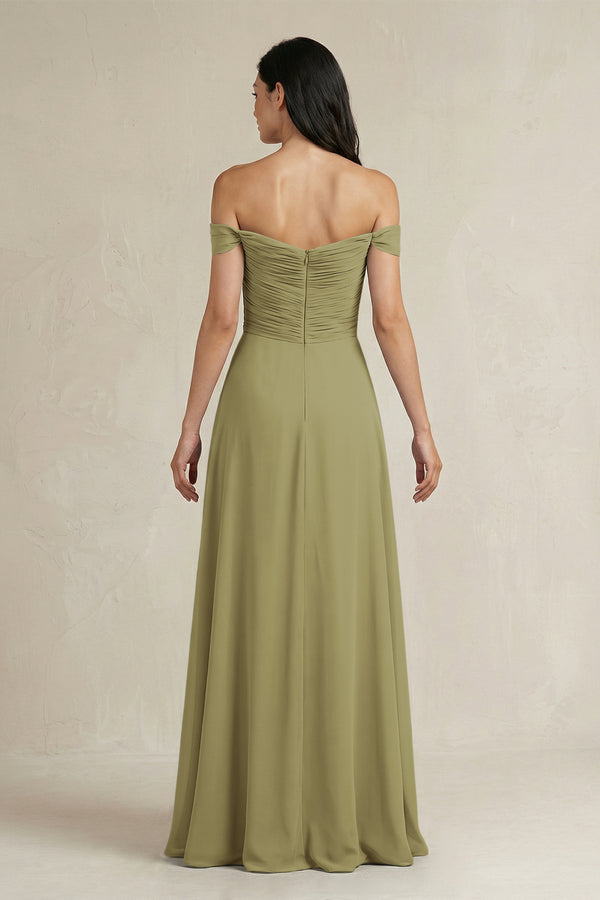 Moss Green A-Line Pleated Off-the-Shoulder Chiffon Bridesmaid Dress (2) | KISSBRIDAL