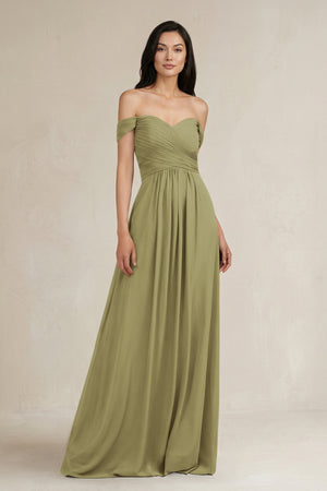 Moss Green A-Line Pleated Off-the-Shoulder Chiffon Bridesmaid Dress | KISSBRIDAL