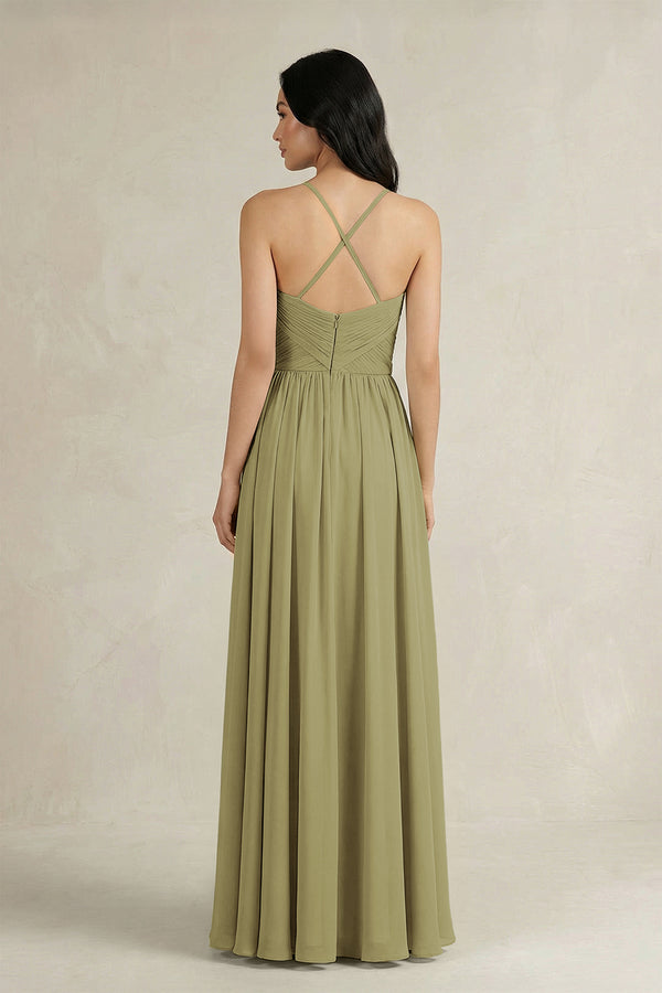 Moss Green A-Line Pleated Spaghetti Strap Chiffon Bridesmaid Dress (2) | KISSBRIDAL