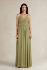 Moss Green A-Line Pleated Spaghetti Strap Chiffon Bridesmaid Dress | KISSBRIDAL