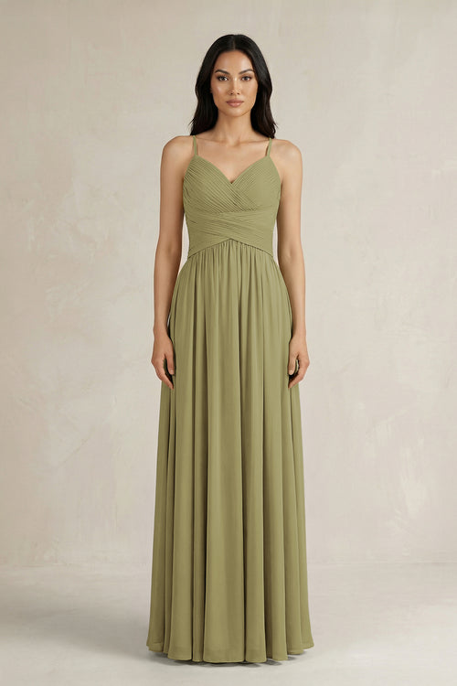 Moss Green A-Line Pleated Spaghetti Strap Chiffon Bridesmaid Dress | KISSBRIDAL
