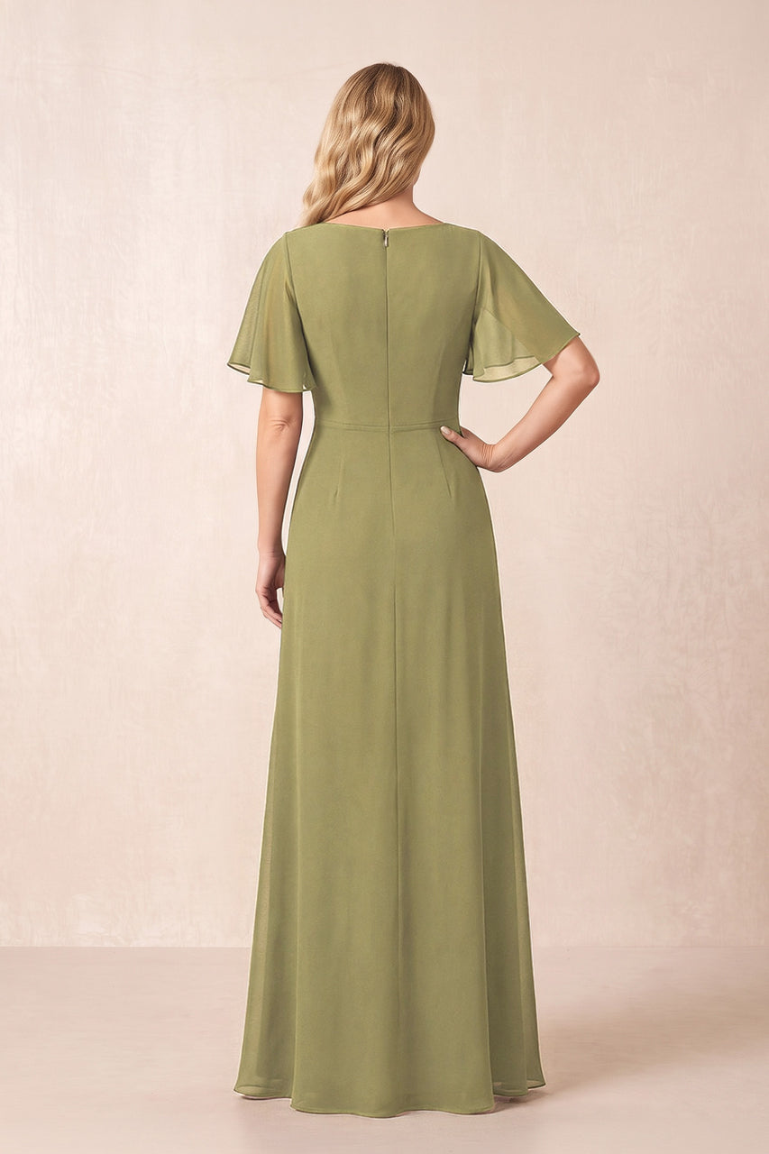 Moss Green A-Line Ruched Chiffon Mother of the Bride Dress with Ruffled Sleeves