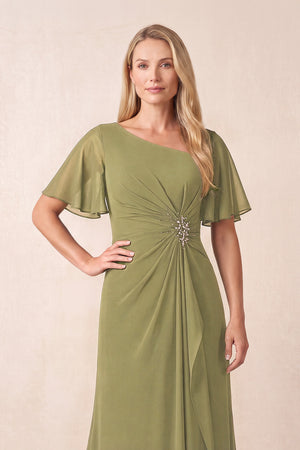 Moss Green A-Line Ruched Chiffon Mother of the Bride Dress with Ruffled Sleeves (3) | KISSBRIDAL