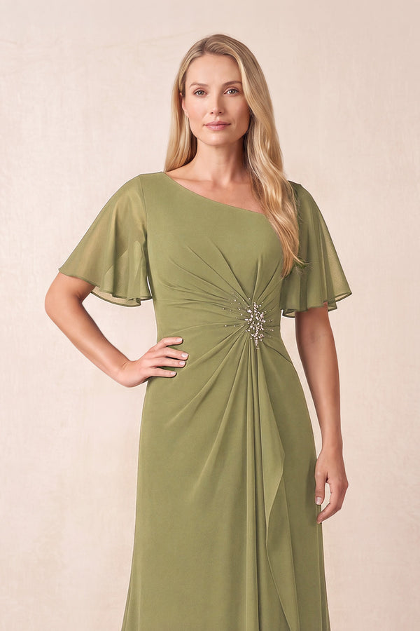 Moss Green A-Line Ruched Chiffon Mother of the Bride Dress with Ruffled Sleeves (3) | KISSBRIDAL