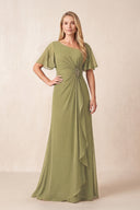 Moss Green A-Line Ruched Chiffon Mother of the Bride Dress with Ruffled Sleeves | KISSBRIDAL