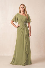 Moss Green A-Line Ruched Chiffon Mother of the Bride Dress with Ruffled Sleeves | KISSBRIDAL