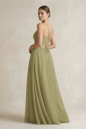 Moss Green A-Line Spaghetti Strap Chiffon Bridesmaid Dress (2) | KISSBRIDAL