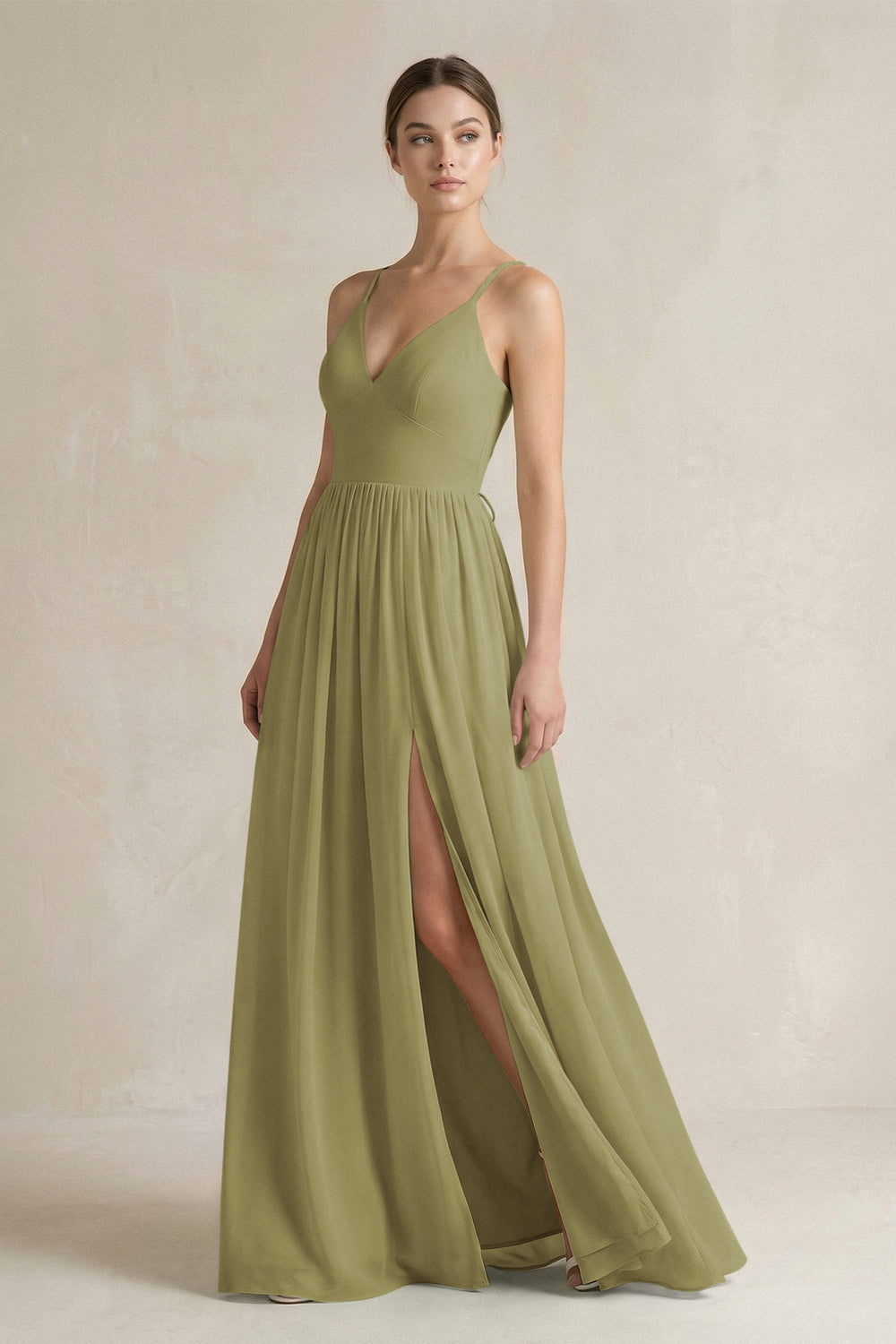A-Line Spaghetti Strap Chiffon Bridesmaid Dress in Moss Green
