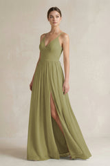 Moss Green A-Line Spaghetti Strap Chiffon Bridesmaid Dress | KISSBRIDAL