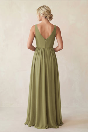 Moss Green A-Line V-Neck Pleated Chiffon Bridesmaid Dress (2) | KISSBRIDAL