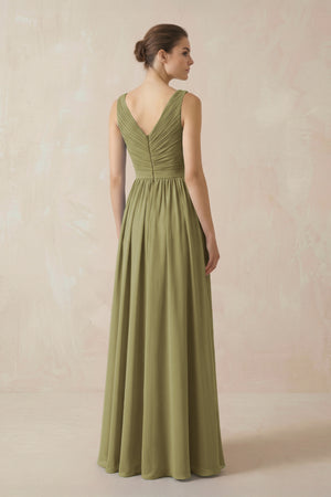 Moss Green A-Line V-Neck Pleated Chiffon Bridesmaid Dress (2) | KISSBRIDAL