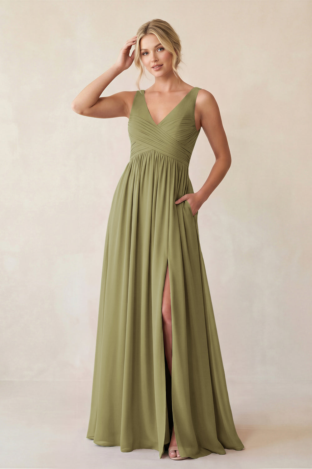 A-Line V-Neck Pleated Chiffon Bridesmaid Dress in Moss Green