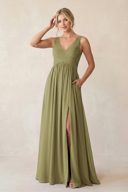 Moss Green A-Line V-Neck Pleated Chiffon Bridesmaid Dress | KISSBRIDAL