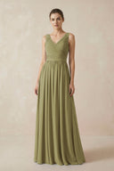 Moss Green A-Line V-Neck Pleated Chiffon Bridesmaid Dress | KISSBRIDAL