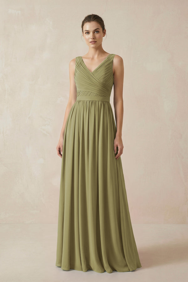 Moss Green A-Line V-Neck Pleated Chiffon Bridesmaid Dress | KISSBRIDAL