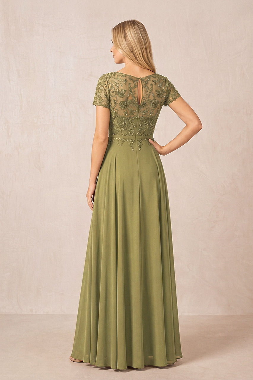 Moss Green Boat Neck Chiffon A-Line Embroidered Mother of the Bride Dress with Sleeves