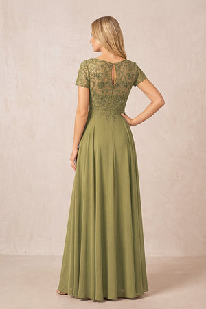 Moss Green Boat Neck Chiffon A-Line Embroidered Mother of the Bride Dress with Sleeves (2) | KISSBRIDAL