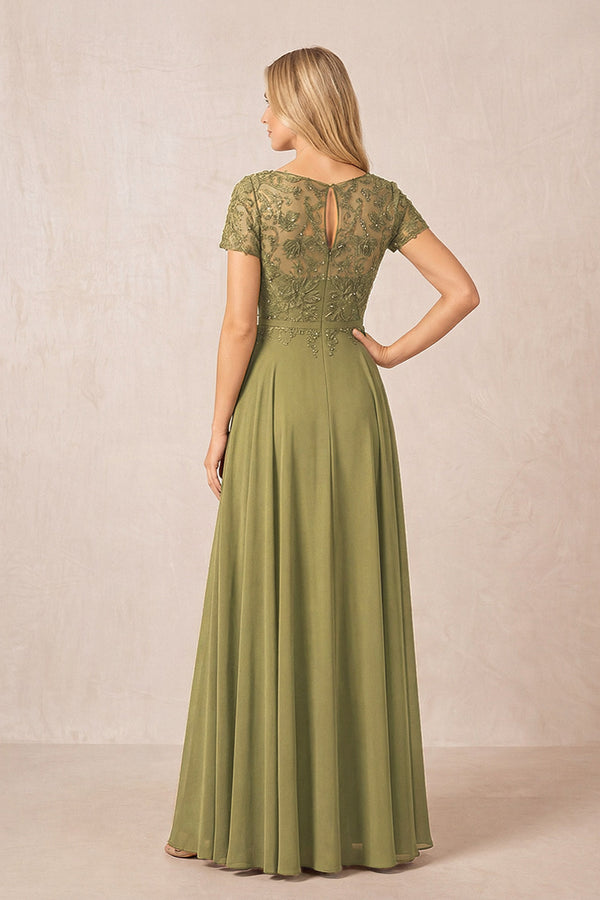 Moss Green Boat Neck Chiffon A-Line Embroidered Mother of the Bride Dress with Sleeves (2) | KISSBRIDAL