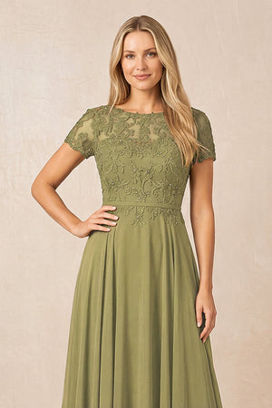 Moss Green Boat Neck Chiffon A-Line Embroidered Mother of the Bride Dress with Sleeves (3) | KISSBRIDAL