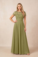 Moss Green Boat Neck Chiffon A-Line Embroidered Mother of the Bride Dress with Sleeves | KISSBRIDAL