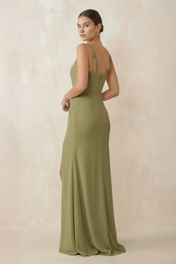 Moss Green Cami Strap Chiffon Sheath Bridesmaid Gown (2) | KISSBRIDAL
