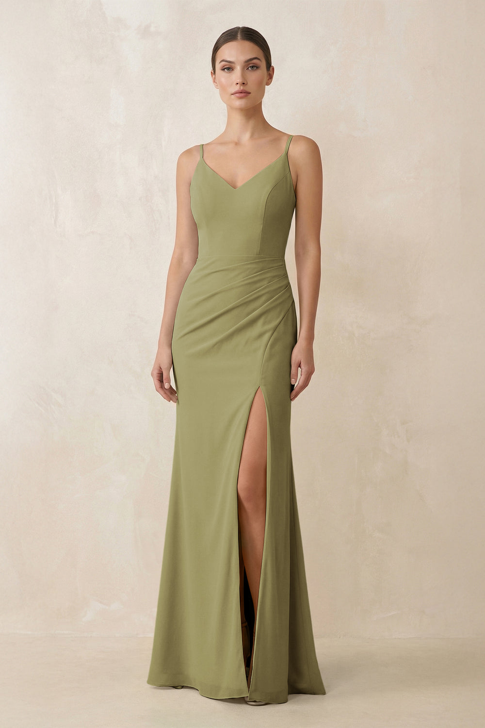 Cami Strap Chiffon Sheath Bridesmaid Gown in Moss Green