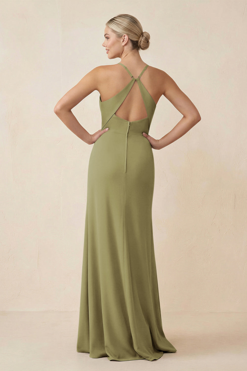 Cami Strap Sheath Ruched Bridesmaid Dress With Slit in Moss Green