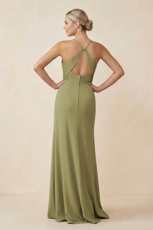 Moss Green Cami Strap Sheath Ruched Bridesmaid Dress With Slit (2) | KISSBRIDAL