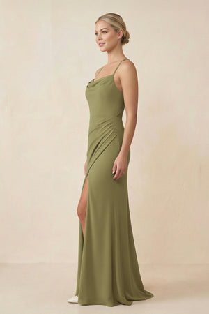 Moss Green Cami Strap Sheath Ruched Bridesmaid Dress With Slit (3) | KISSBRIDAL