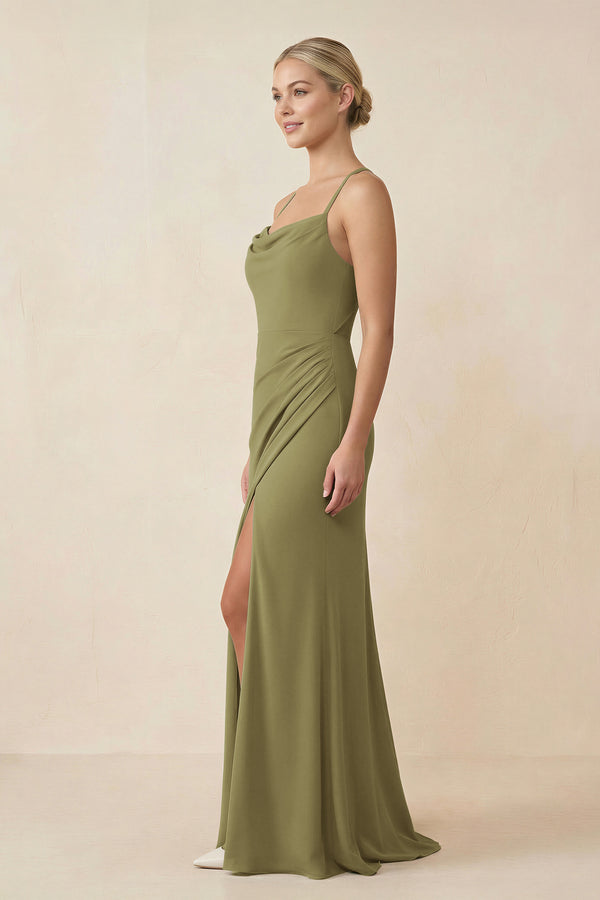 Moss Green Cami Strap Sheath Ruched Bridesmaid Dress With Slit (3) | KISSBRIDAL