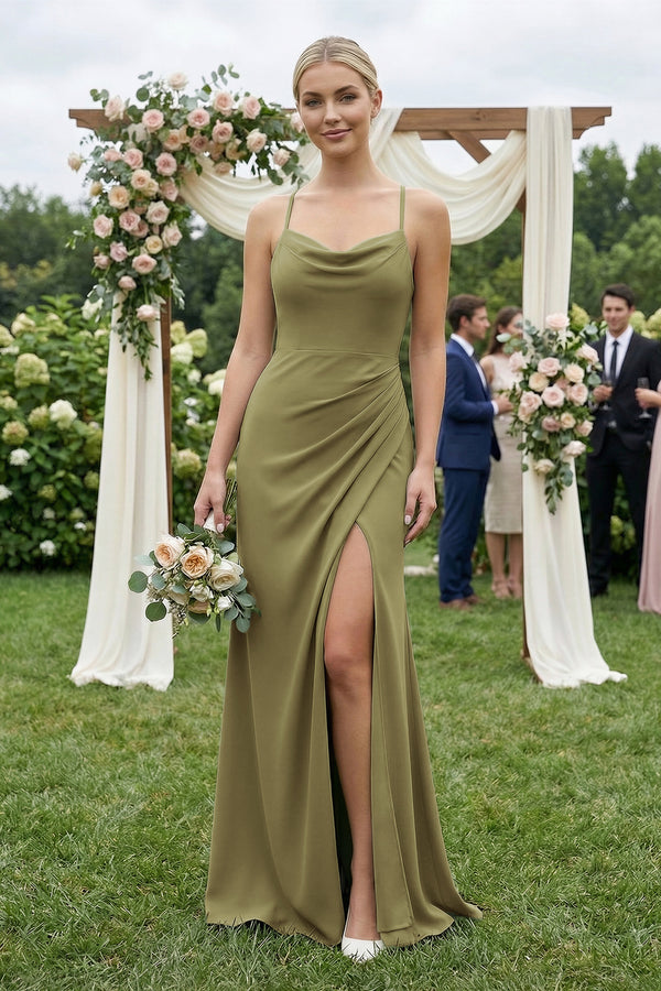 Moss Green Cami Strap Sheath Ruched Bridesmaid Dress With Slit (4) | KISSBRIDAL