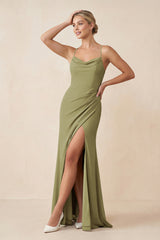 Moss Green Cami Strap Sheath Ruched Bridesmaid Dress With Slit | KISSBRIDAL