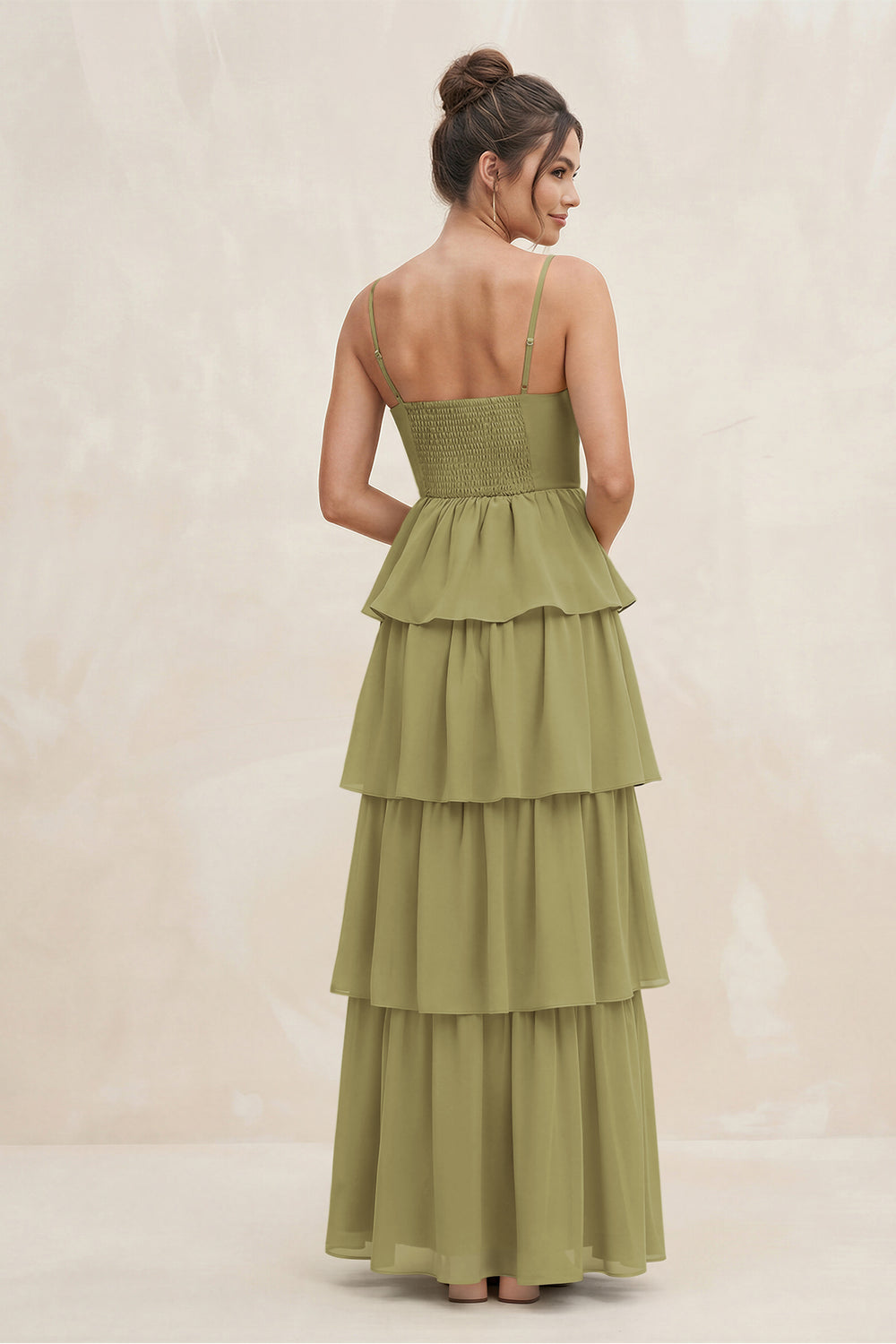 Cami Strap Tiered A-Line Chiffon Bridesmaid Dress in Moss Green