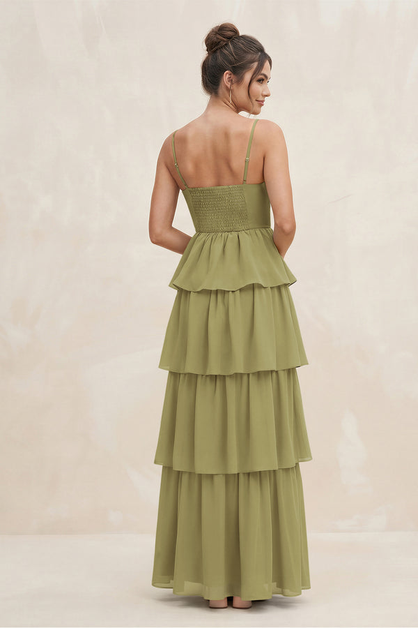 Moss Green Cami Strap Tiered A-Line Chiffon Bridesmaid Dress (2) | KISSBRIDAL