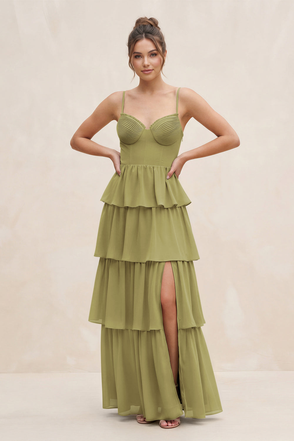 Cami Strap Tiered A-Line Chiffon Bridesmaid Dress in Moss Green