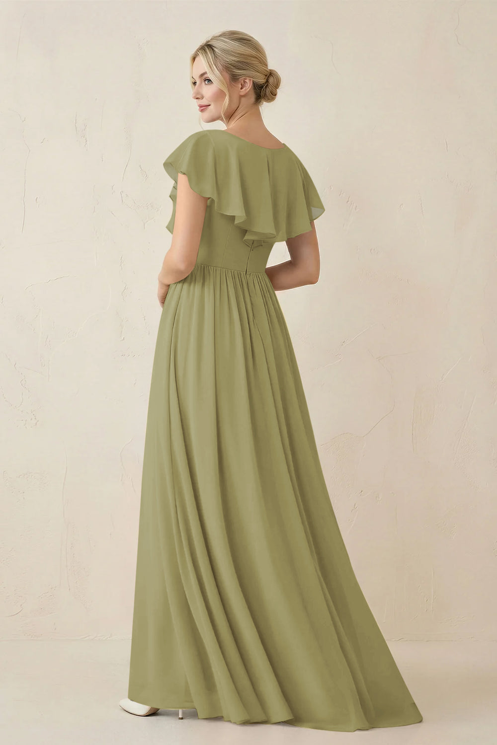 Cap Sleeve A-Line Ruffled Chiffon Bridesmaid Dress in Moss Green