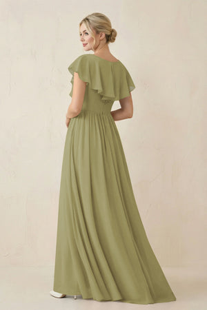 Moss Green Cap Sleeve A-Line Ruffled Chiffon Bridesmaid Dress (2) | KISSBRIDAL