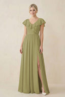 Moss Green Cap Sleeve A-Line Ruffled Chiffon Bridesmaid Dress | KISSBRIDAL