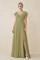 Moss Green Cap Sleeve A-Line Ruffled Chiffon Bridesmaid Dress | KISSBRIDAL